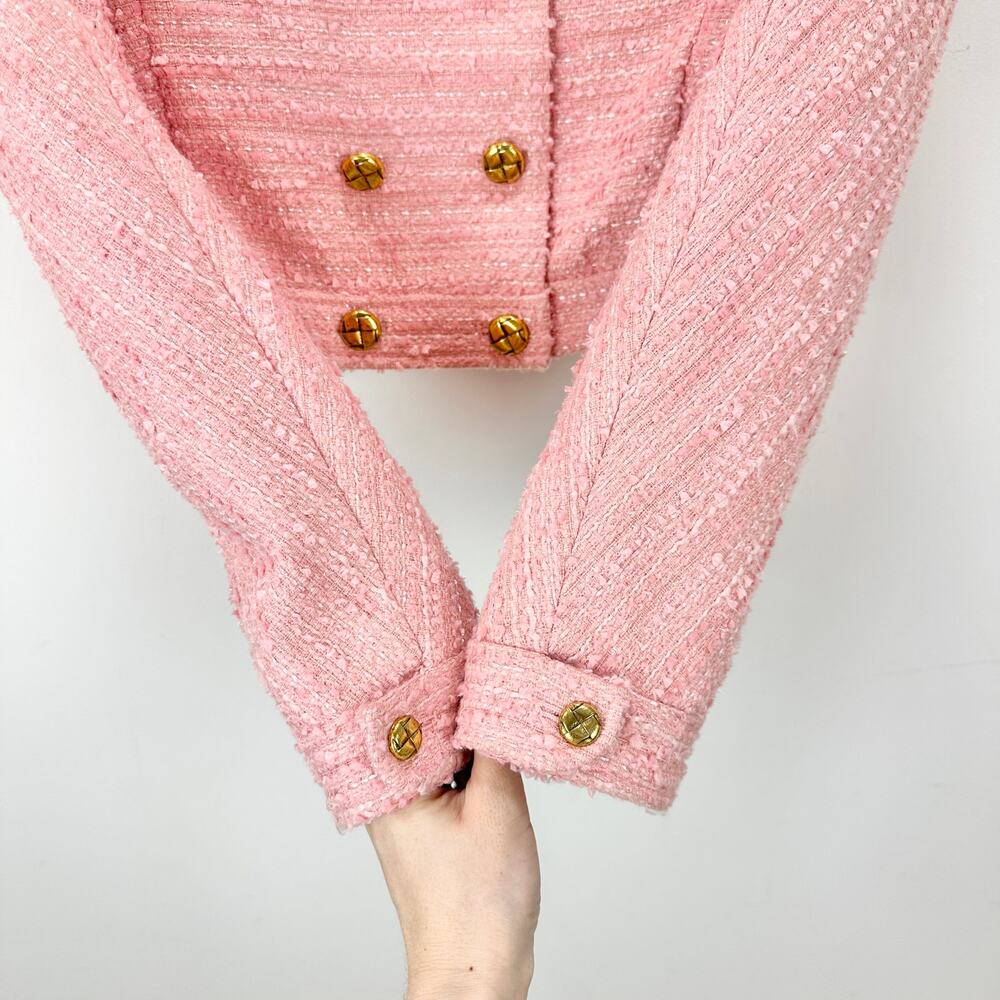 LoveShackFancy Keiran Pink Tweed Blazer Jacket Relaxed Preppy Gold Buttons XS - Picture 15 of 16